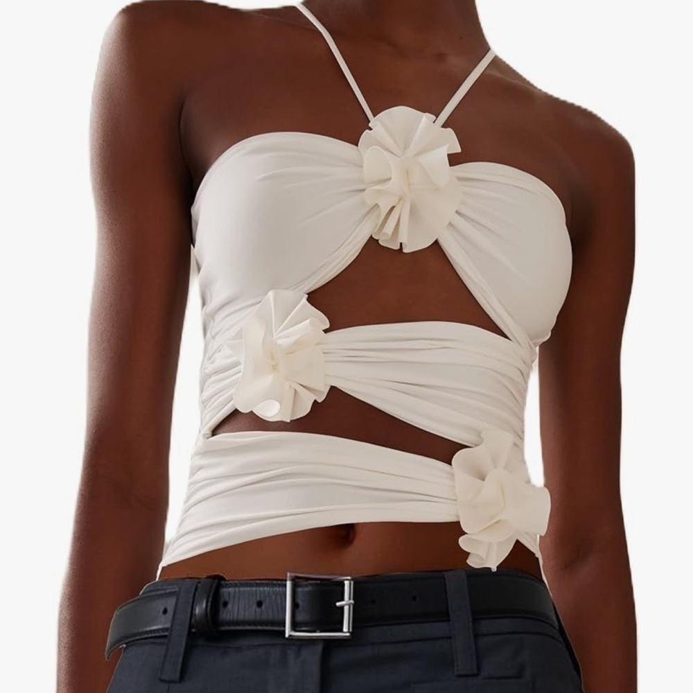 Off White: Open Front Top w/ Ruffle Flowers: Size Small. - Picture 2 of 6